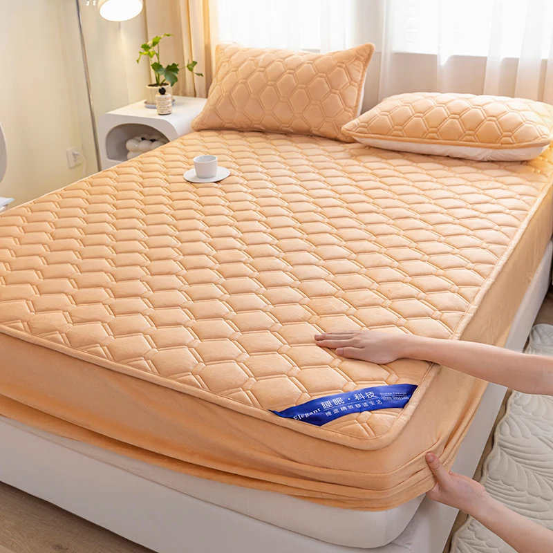 WASART Fluffy Coral Fleece Quilted Mattress Protector Cover Warm Cozy Milk Velvet Elastic Fitted Sheet 150X200 Winter Bed Linens