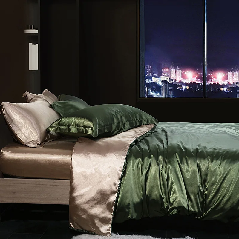Blend Mulberry Silk Luxury Bedding Set Fitted & Flat Sheet Silky Duvet Cover Pillowcase for Home Hotel Premium Queen King Size