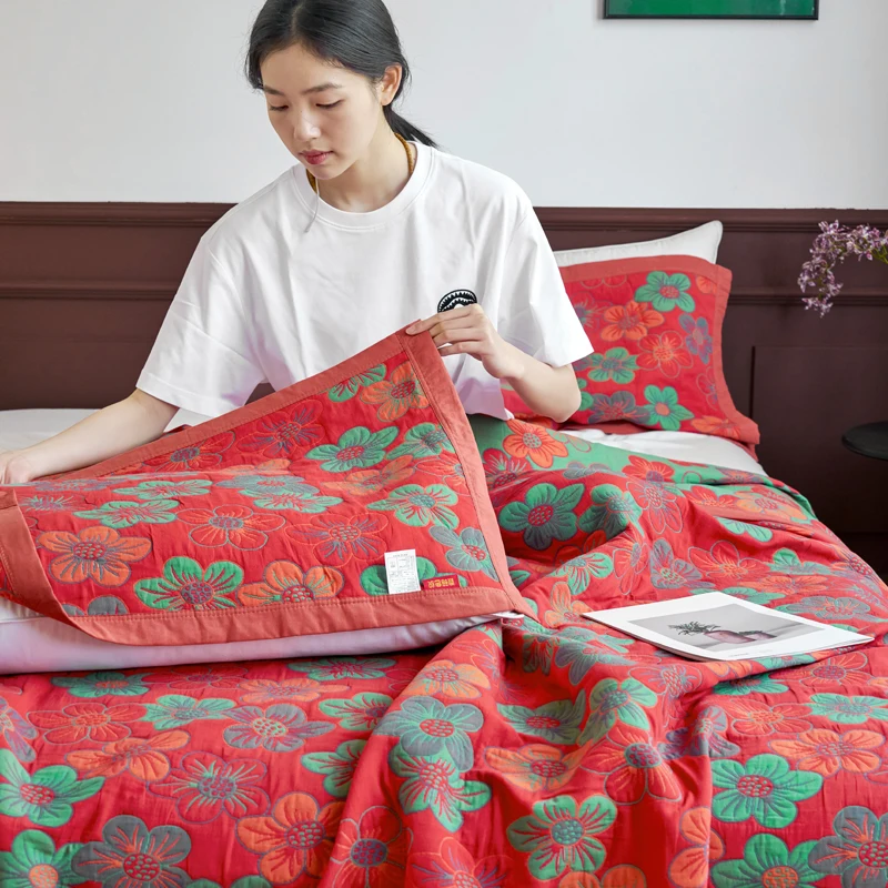 WASART Pure cotton twel muslin quilt sofa blanket bohemian floral print luxury double bed summer bedspread thin duvet king size
