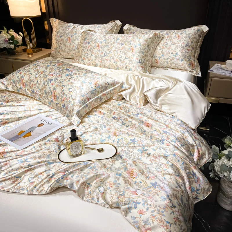 Floral Pattern Mulberry Silk Bedding Set Luxury High-End Duvet Cover Bed Sheet Pillowcase Smooth Comforter Quilt Cover Bedsheet