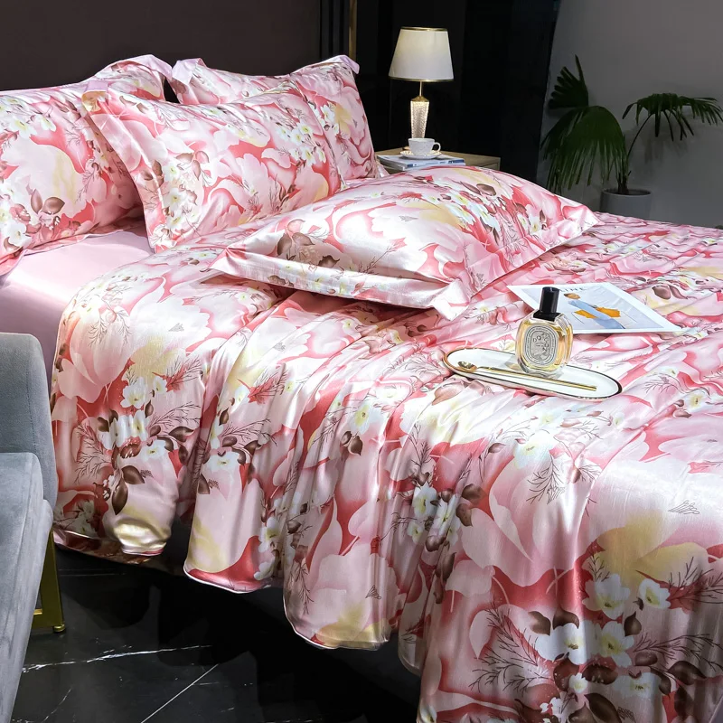 Home Silk Duvet Cover Set with Bed Sheet Pillowcase 4 Piece Natural Silk Bedding Sets Soft Smooth Comforter Covers with Zipper