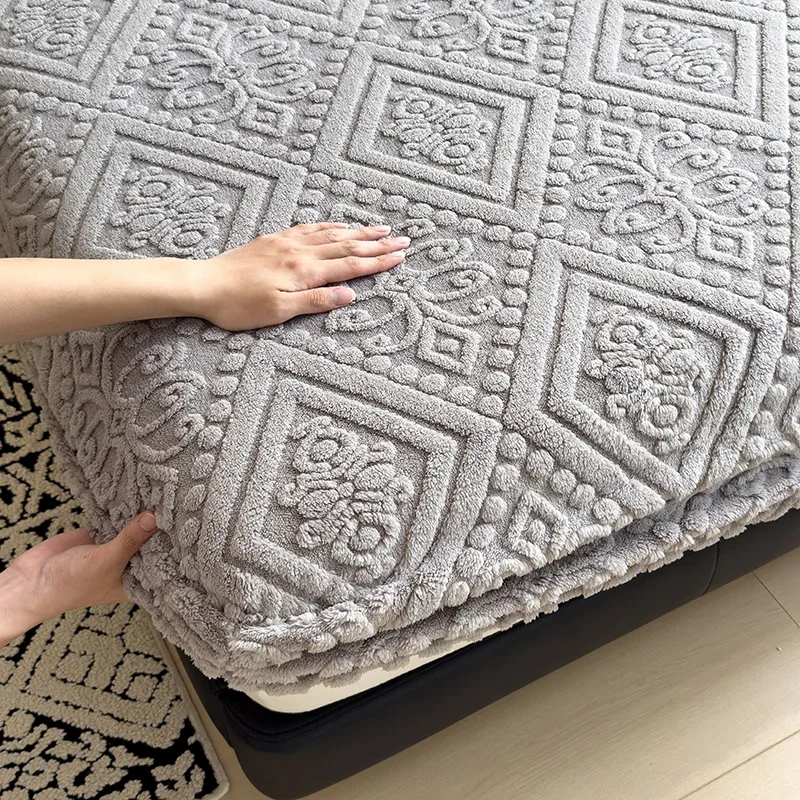 WASART Fluffy coral fleece fitted sheet elastic mattress protector cover winter warm plush bed linen luxury double bed bedding