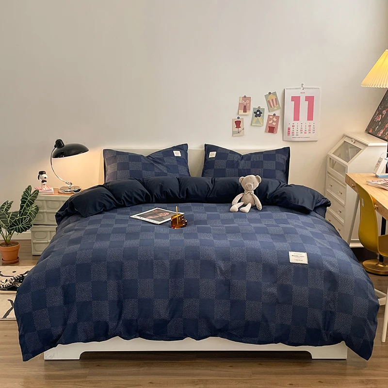 Pure Cotton Home Textile Plaid Pattern Bedding Set Simple Soft Duvet Cover Flat/Fitted Sheets Pillowcases Bed Linens Queen King