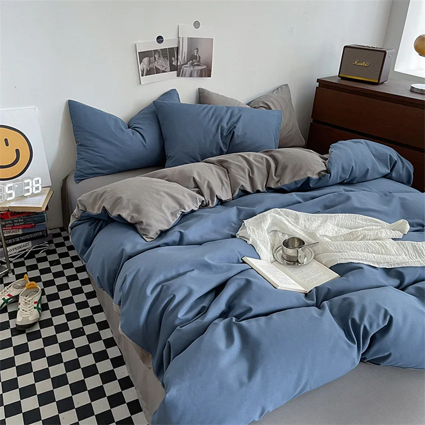 Ins Style Bedding Set Washed Cotton Duvet Cover Pillowcase Solid Color Soft Comforer Quilt Cover Bedspreads Bed Linen Flat Sheet