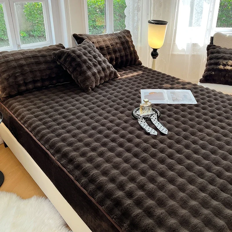 WASART Soft warm rabbit plush fitted sheet elastic mattress protector cover fluffy coral fleece 150cm winter bedsheet king size