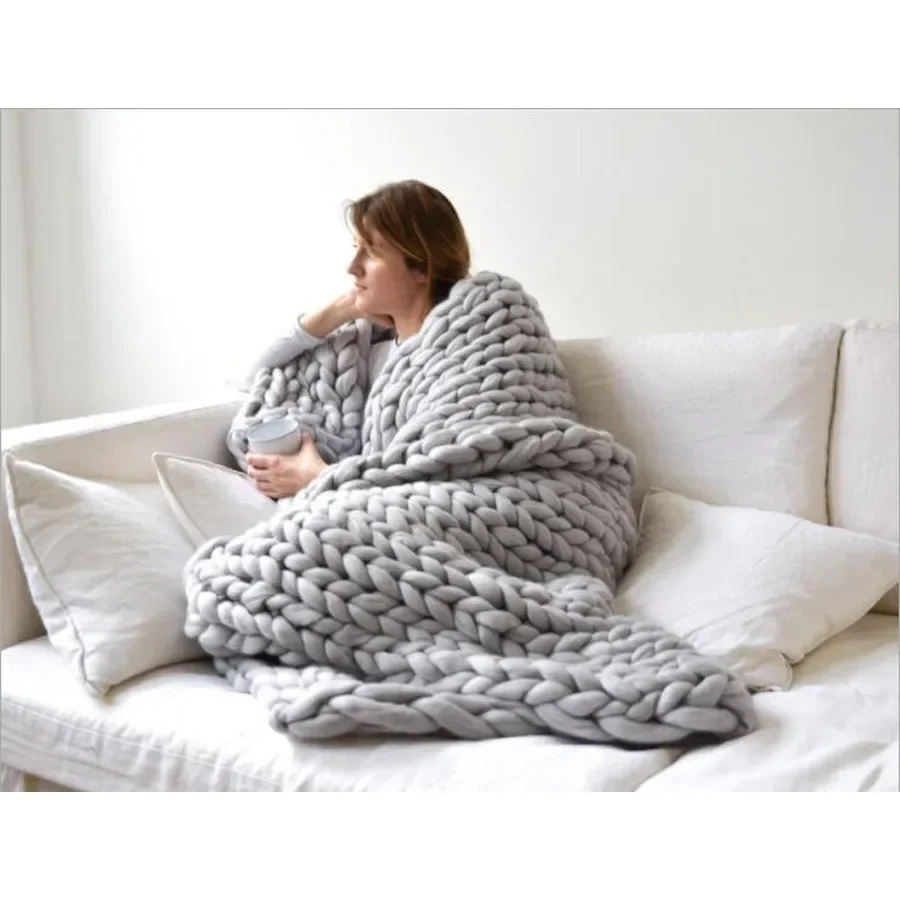 WASART Chunky merino wool blanket thick large yarn roving knitted blanket winter warm plaid throw blankets sofa bed blanket