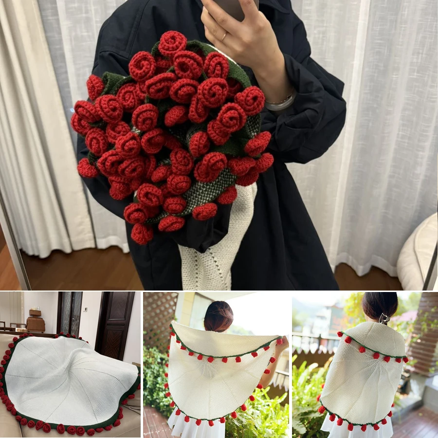 WASART Rose Bouquet Blanket Handmade Crocheted Knitted Blanket Outdoor Shawl Plaid Large Throw Blankets Best Birthday Party Gift