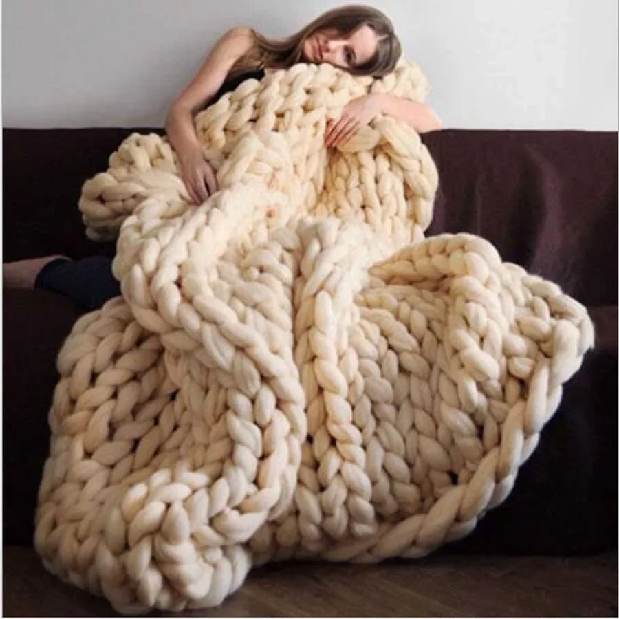 WASART Chunky merino wool blanket thick large yarn roving knitted blanket winter warm plaid throw blankets sofa bed blanket