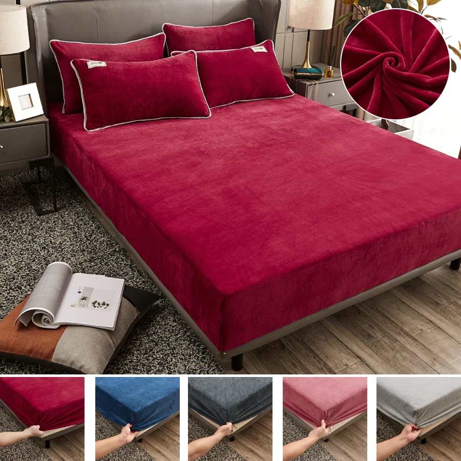 WASART Winter warm coral fleece fitted sheet elastic mattress cover couple thick bed linens luxury double bed king size 150x200