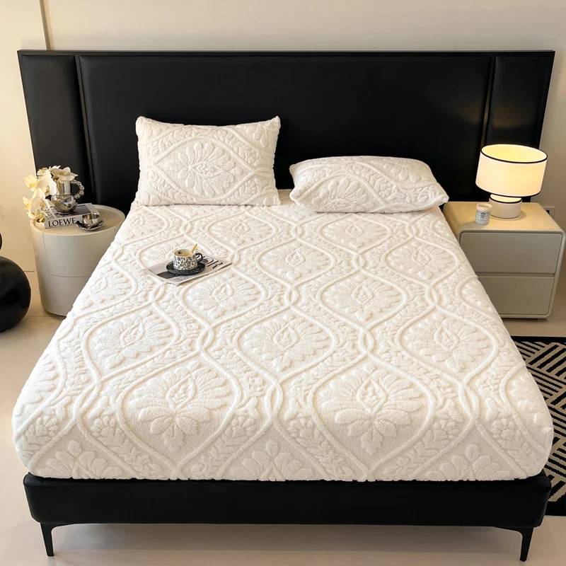 WASART Soft warm coral fleece fitted sheet elastic mattress protector cover retro jacquard winter fluffy plush bed linen 180x200