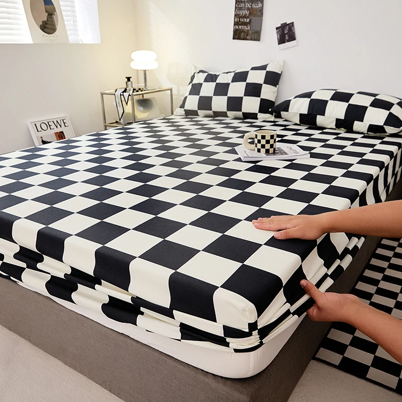 Nordic Bedspreads 100% Cotton Mattress Cover All-around Elastic Band Fitted Bed Sheet for Queen King Double Single Bed Easy Care