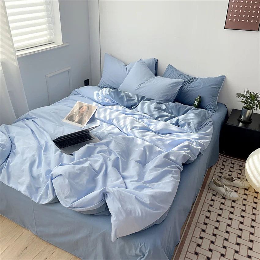 Ins Style Bedding Set Washed Cotton Duvet Cover Pillowcase Solid Color Soft Comforer Quilt Cover Bedspreads Bed Linen Flat Sheet