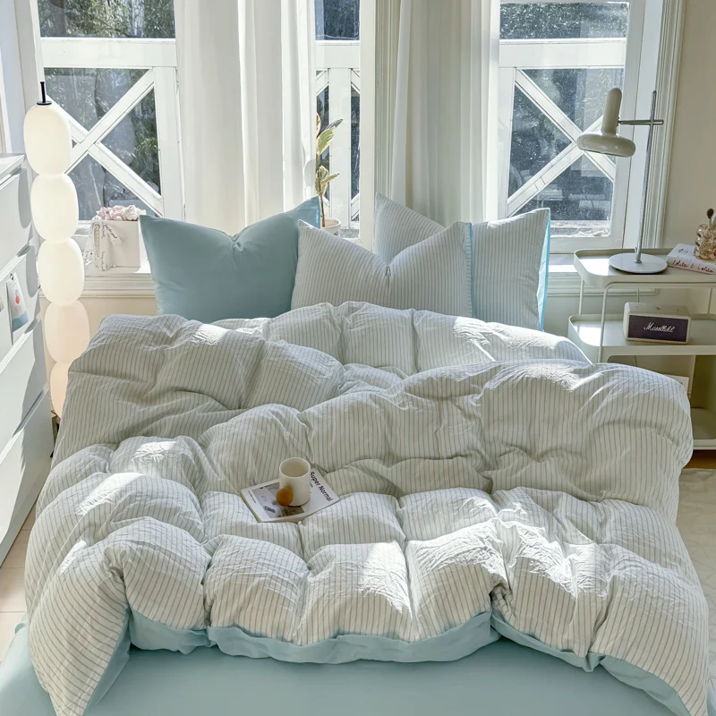 Simple Striped Washed Cotton Duvet Cover Set 3/4 Pieces Bedding Set with Quilt Cover Bed Sheet Sets Pillowcase Soft Breathable
