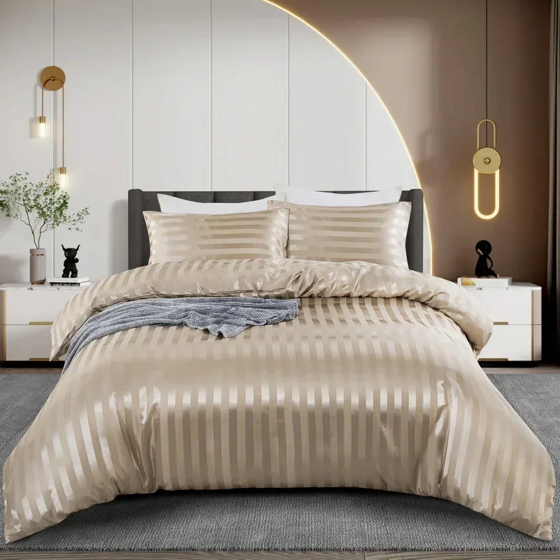 WASART Satin Stripe Ivory White Duvet Cover Luxury Bedding Set Hotel Style 220x240cm Couple Comforter set King Size Hypoallergen