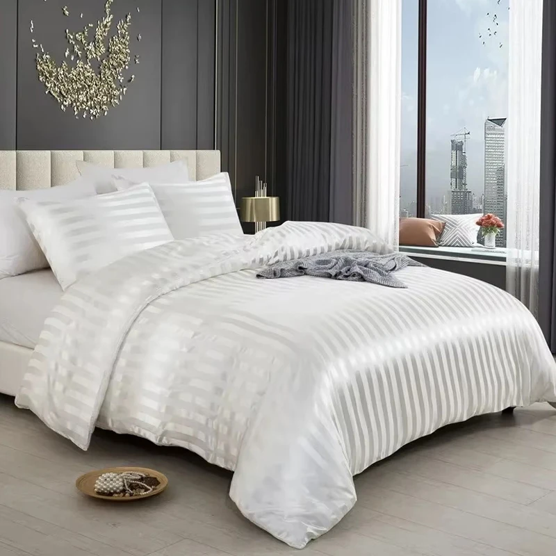 WASART Satin Stripe Ivory White Duvet Cover Luxury Bedding Set Hotel Style 220x240cm Couple Comforter set King Size Hypoallergen