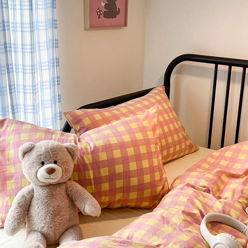 100% Cotton Soft Bedding Set Plaid Pattern Duvet Cover with Pillow Case Flatsheet Bedclothes Bedspread Pillowcases Comforter Set