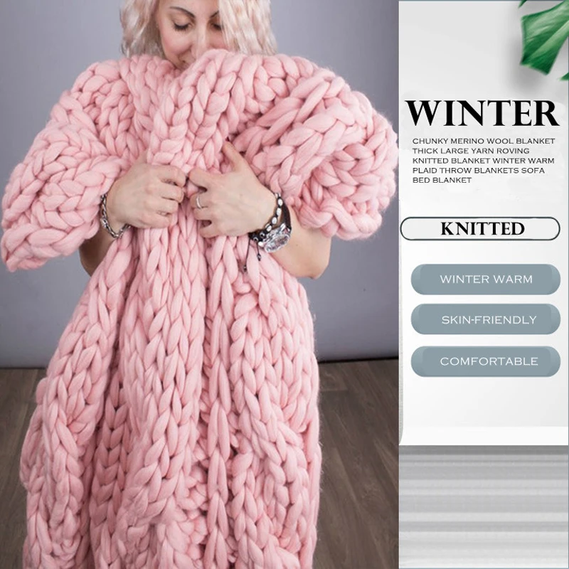 WASART Chunky merino wool blanket thick large yarn roving knitted blanket winter warm plaid throw blankets sofa bed blanket