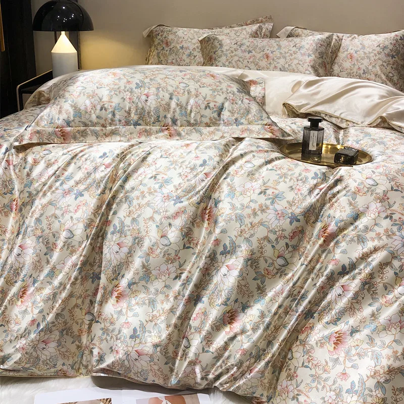 Floral Mulberry Silk Bedding Set with Duvet Cover Bed Sheet Luxury High-end Quilt Cover Fitted/Flat Bedsheet Double Queen Size