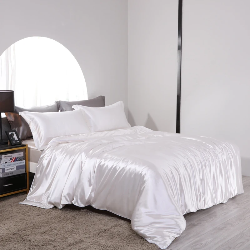 Blend Mulberry Silk Luxury Bedding Set Fitted & Flat Sheet Silky Duvet Cover Pillowcase for Home Hotel Premium Queen King Size