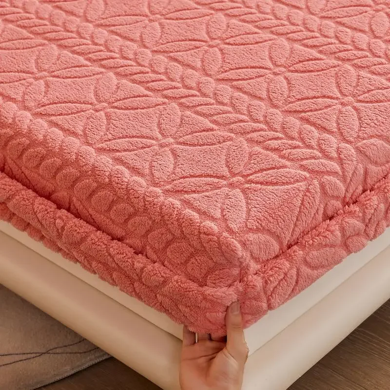 WASART Soft winter coral fleece fitted sheet elastic mattress protector cover warm plush bed linen luxury double bed king size