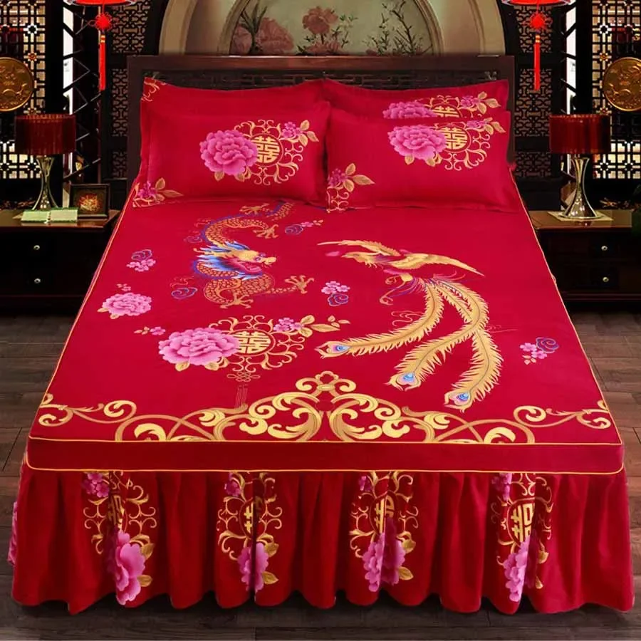 WASART Pink rose flower printed bed skirt couple wedding bedspread 150/180 bed linens 2 people luxury double bed sheet king size