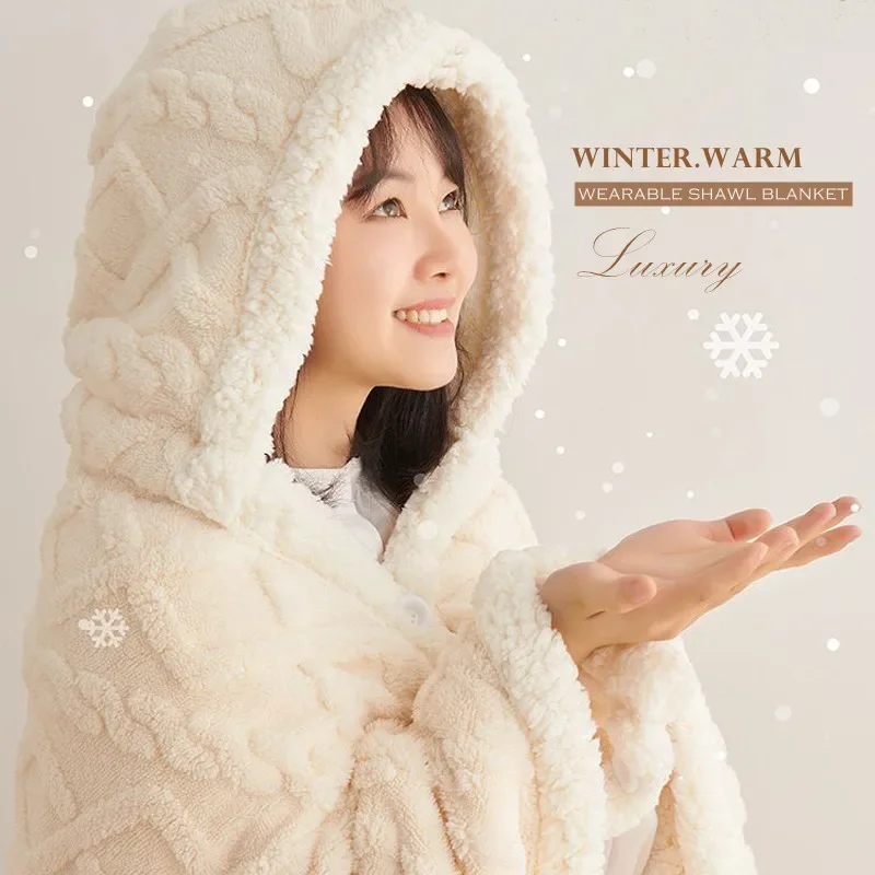 WASART Soft warm coral fleece cape blanket hooded wearable blanket winter fluffy plush outdoor flannel hoodie blanket shawl