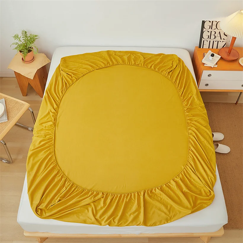 100% Cotton Fitted Bed Sheet with Elastic Band Solid Color Anti-slip Adjustable Mattress Cover for Single Double King Queen Bed