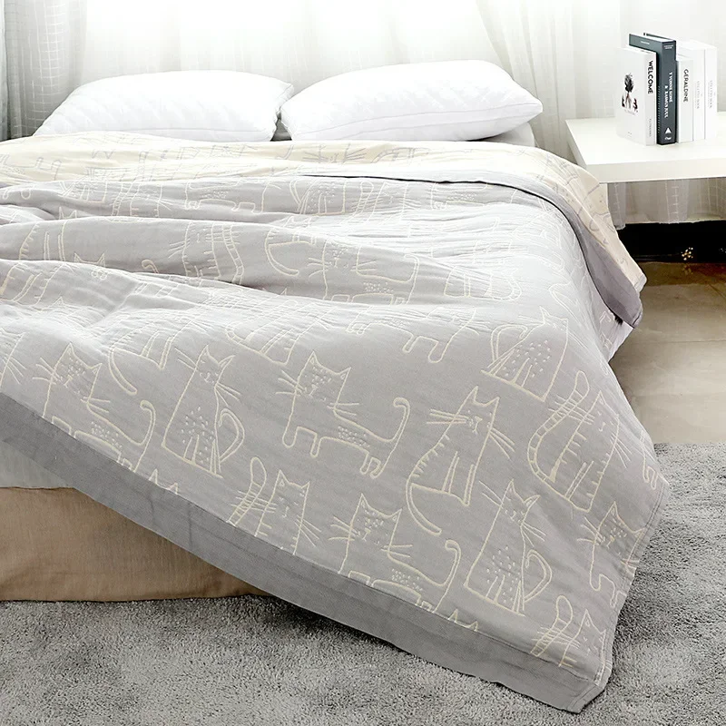 WASART Pure cotton twel muslin quilt blanket cartoon cat print luxury double bed summer bedspread thin duvet king size bedding