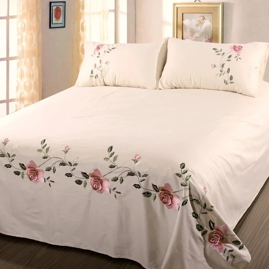 WASART Rose flora embroidery design flat bed sheet solid colour cotton twill linen bedding luxury home textiles queen king size