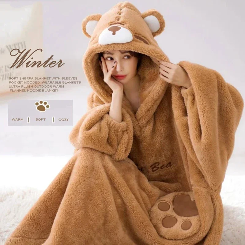 WASART Winter soft Sherpa blanket with sleeves Pocket Hooded wearable Blankets Ultra Plush Outdoor Warm Flannel hoodie Blanket