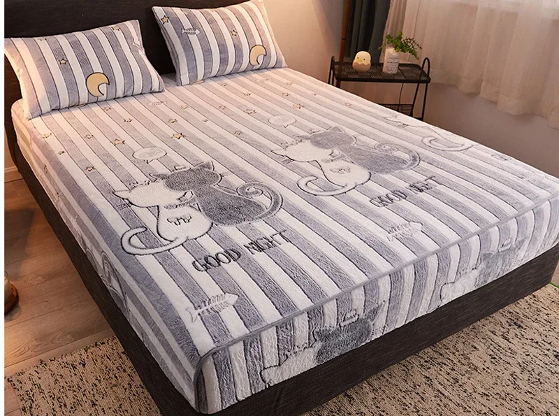 WOSTAR Winter thermal velvet fleece fitted sheet elastic mattress protector cover double bed couple fluffy flannel bed linen 150