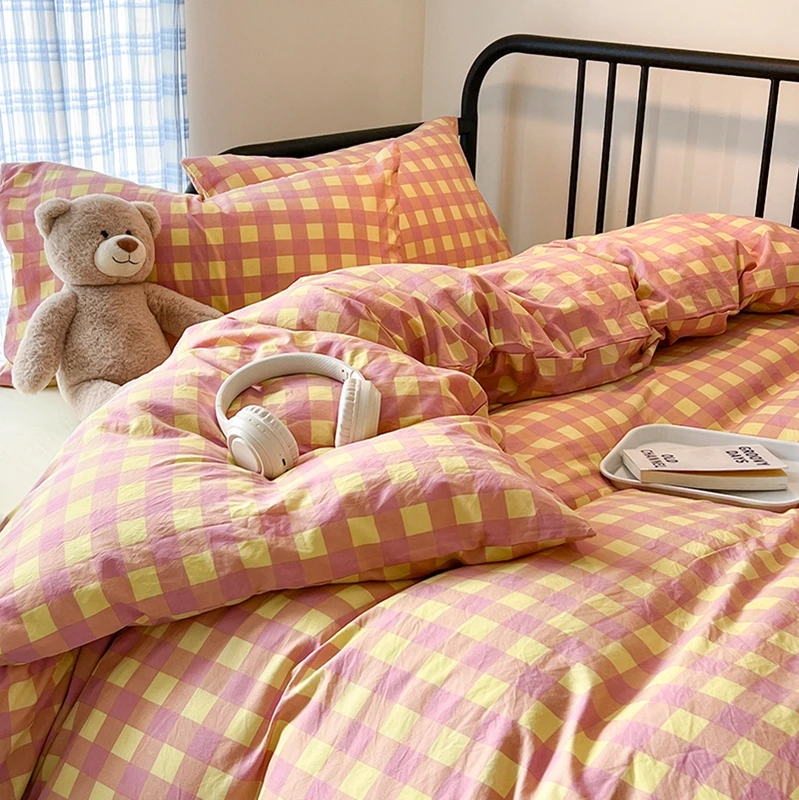 100% Cotton Soft Bedding Set Plaid Pattern Duvet Cover with Pillow Case Flatsheet Bedclothes Bedspread Pillowcases Comforter Set