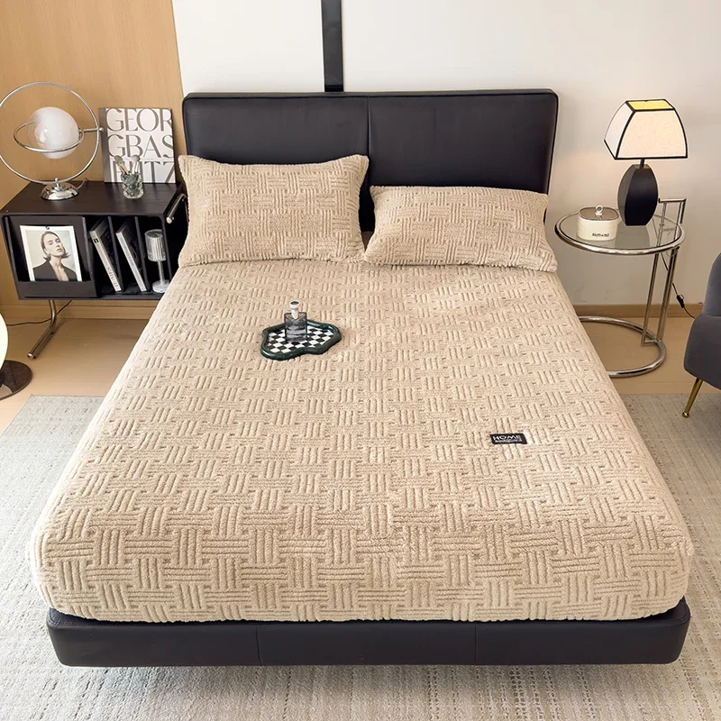 WASART Fluffy coral fleece fitted sheet elastic mattress cover warm plush bed linen couple luxury double bed bedding king size