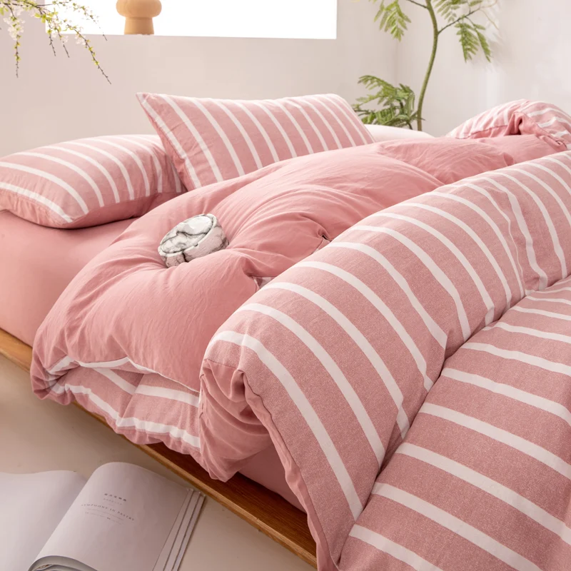 WASART Pink striped bedding four-piece set duvet cover bed sheet with pillowcase 220x240 queen king size four seasons universal