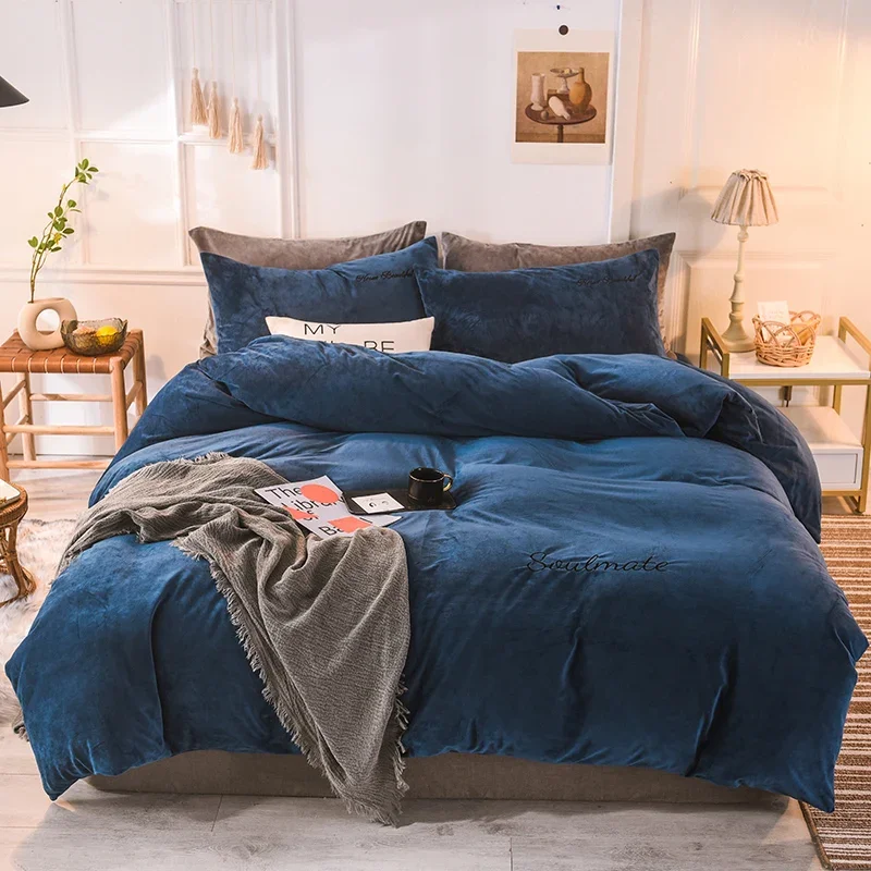 WASART Winter Warm Milk Fleece Duvet Cover 4PC Bedding Set Super King Size 220x240 Solid Embroidery Couple Luxury Home Textiles