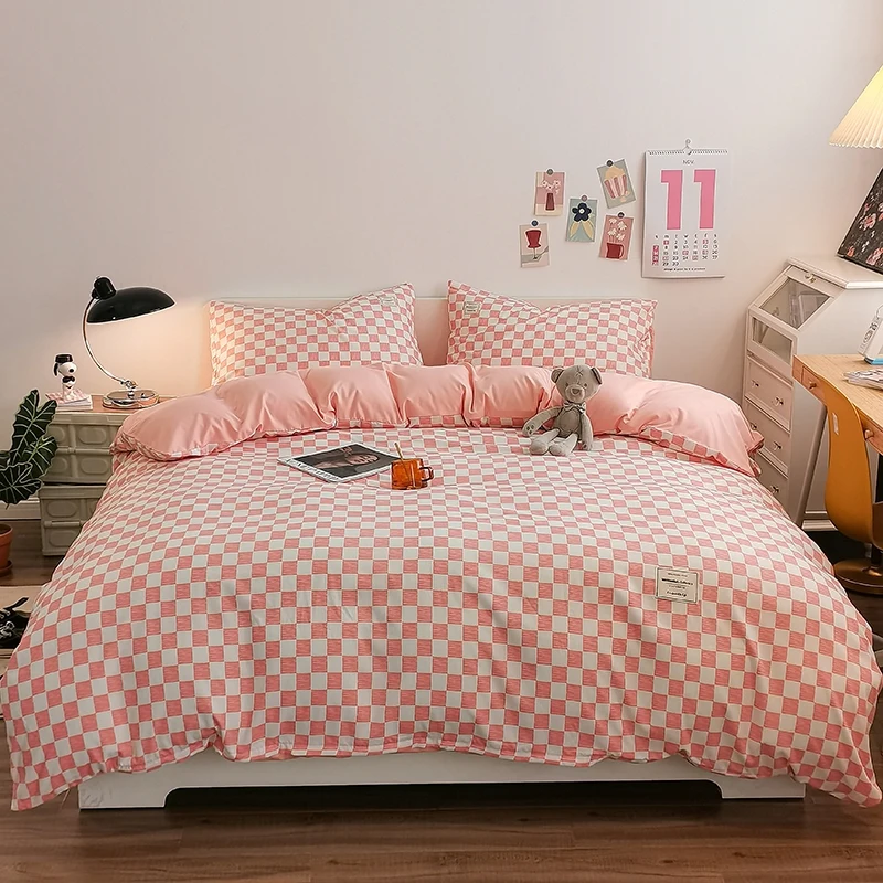 Pure Cotton Home Textile Plaid Pattern Bedding Set Simple Soft Duvet Cover Flat/Fitted Sheets Pillowcases Bed Linens Queen King