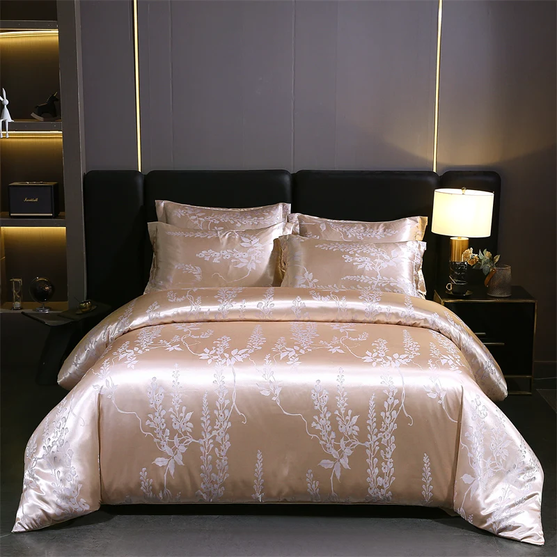 WASART Summer Satin Rayon Jacquard Duvet Cover Set 4pc Elegant Floral Luxury Bedding for Couple King Size 220x240 Cooling Fabric
