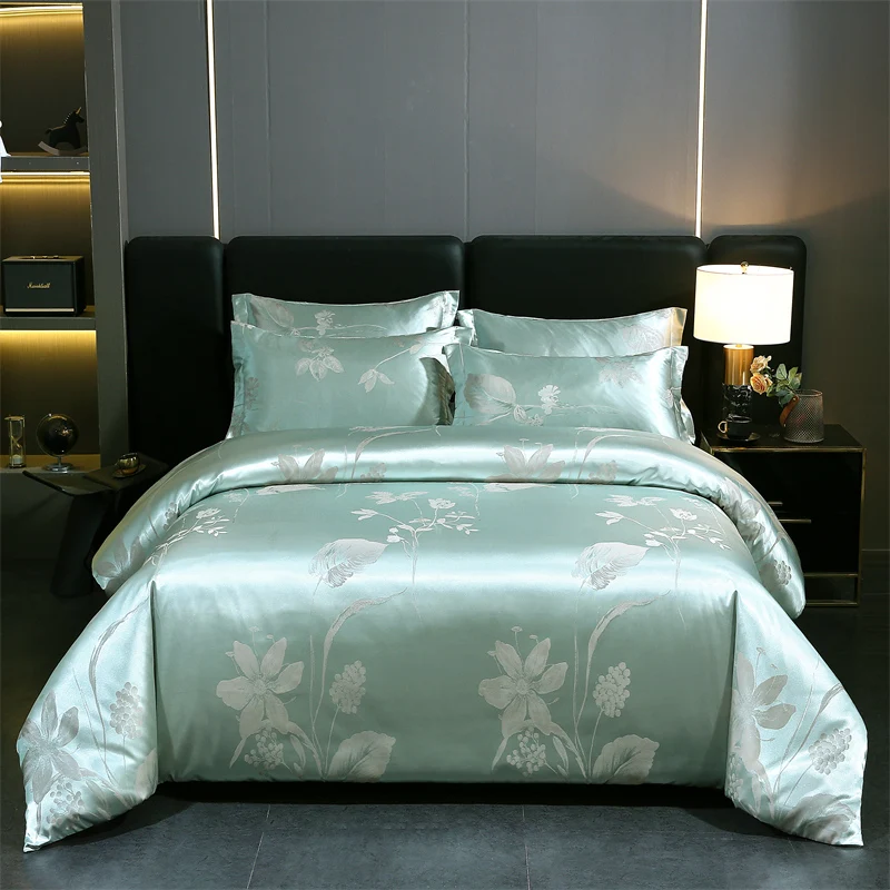 WASART Summer Satin Rayon Jacquard Duvet Cover Set 4pc Elegant Floral Luxury Bedding for Couple King Size 220x240 Cooling Fabric