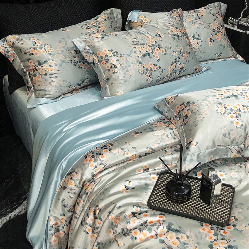 Home Silk Duvet Cover Set with Bed Sheet Pillowcase 4 Piece Natural Silk Bedding Sets Soft Smooth Comforter Covers with Zipper