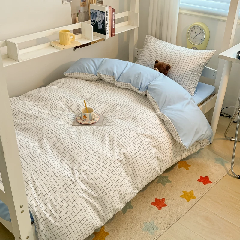 Washed Cotton Duvet Cover Set Quilt Set Ins Nordic Minimalist Style Plaid Bed Set Home Textile Students Bedding Set Bed Sheets