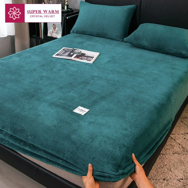 WASART Winter warm plush fitted sheet elastic mattress cover fluffy coral fleece bed linens couple luxury double bed king size