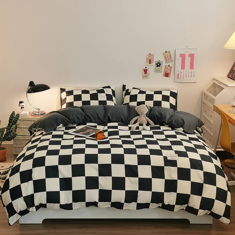 Pure Cotton Home Textile Plaid Pattern Bedding Set Simple Soft Duvet Cover Flat/Fitted Sheets Pillowcases Bed Linens Queen King