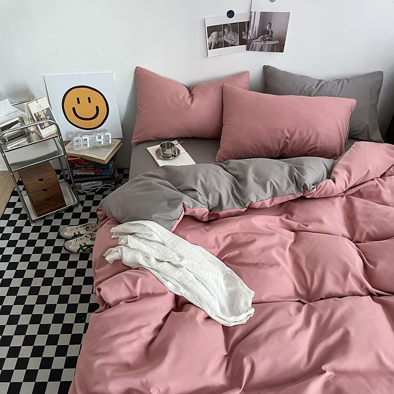 Ins Style Bedding Set Washed Cotton Duvet Cover Pillowcase Solid Color Soft Comforer Quilt Cover Bedspreads Bed Linen Flat Sheet